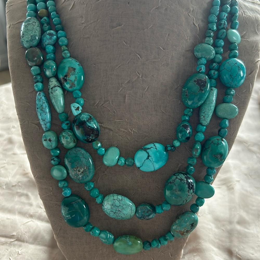 BJ China Sterling Silver Southwestern Turquoise Chunk Filigree Bib Necklace